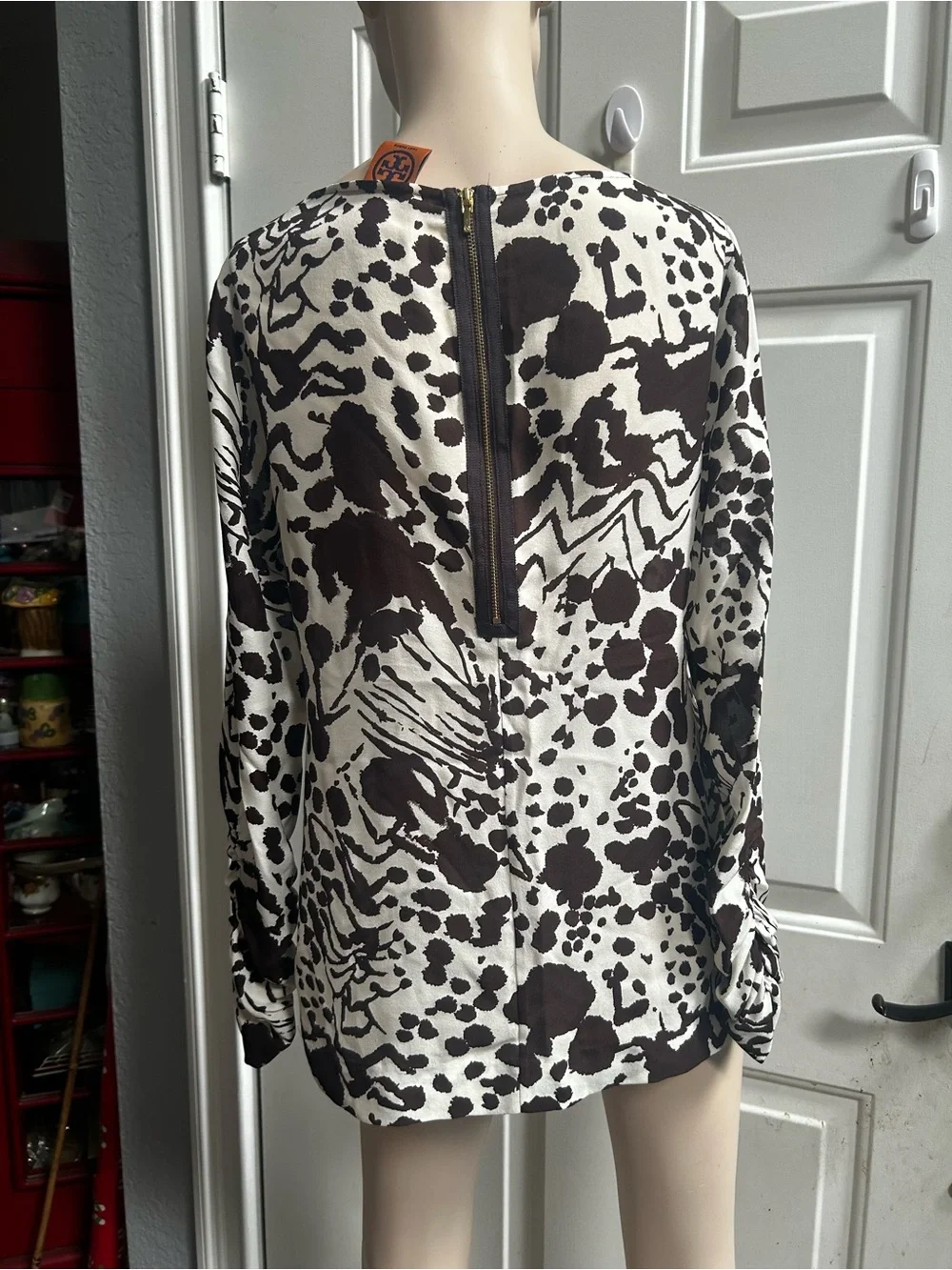 Tory Burch Silk Cream and Dark Brown Abstract Long-Sleeve Tunic Blouse Sz M